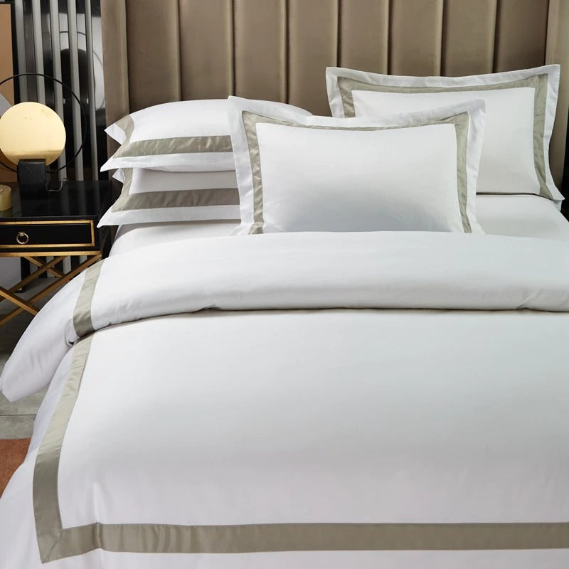 White with Beige Hotel Style Cotton Satin Duvet Set - 99 Bedding Store