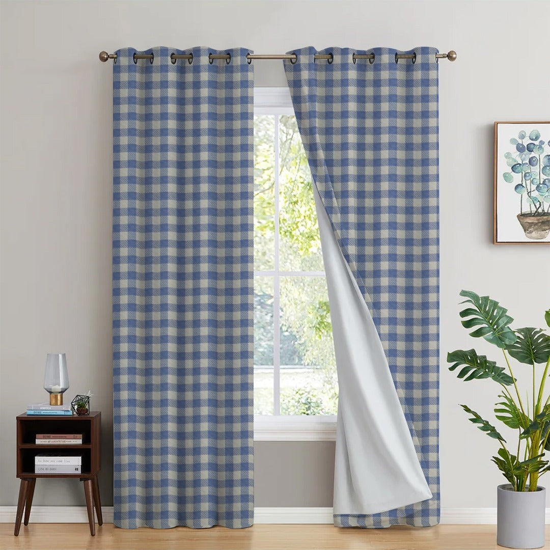 BLUE CHECKED PRINTED BLACKOUT CURTAIN - 99 Bedding Store