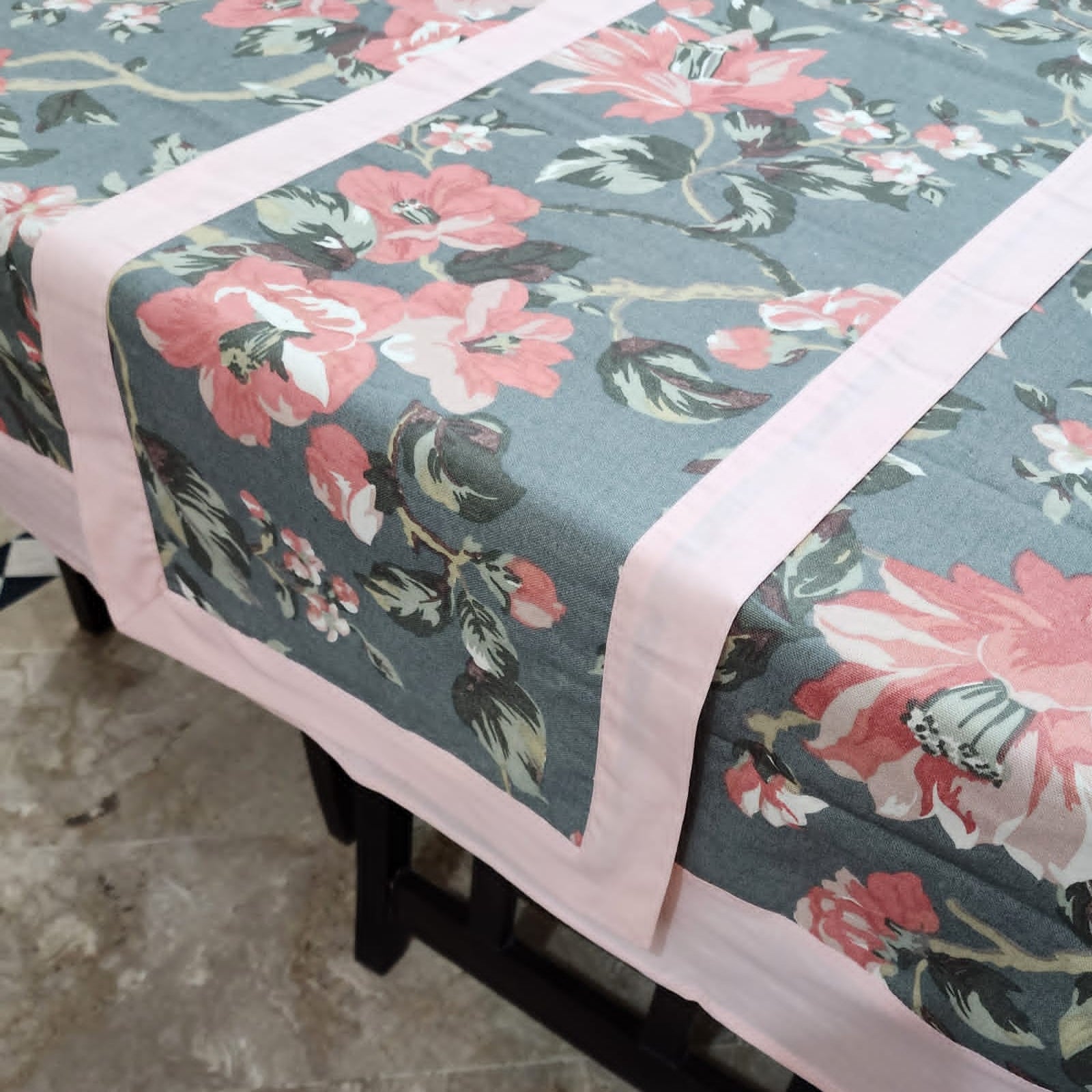 Peach Bordered Printed Cotton Reversable Dinning Set - Flowrence Grey