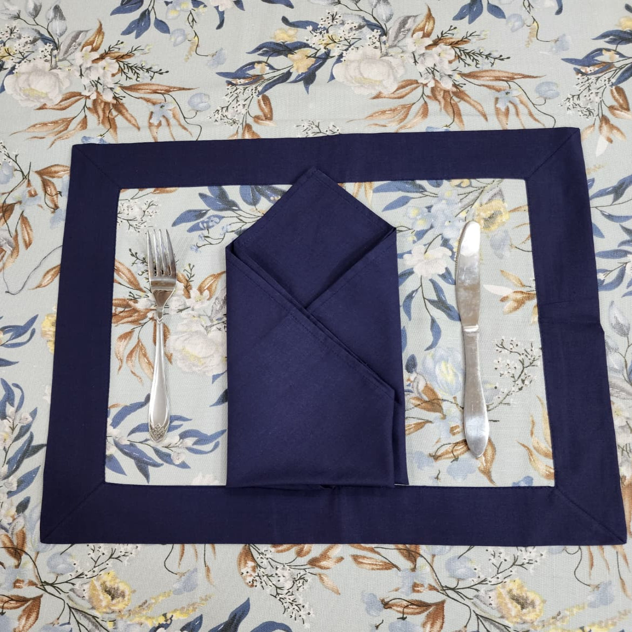 Royal Blue Bordered Printed Cotton Reversable Dinning Set - Summer Fresh