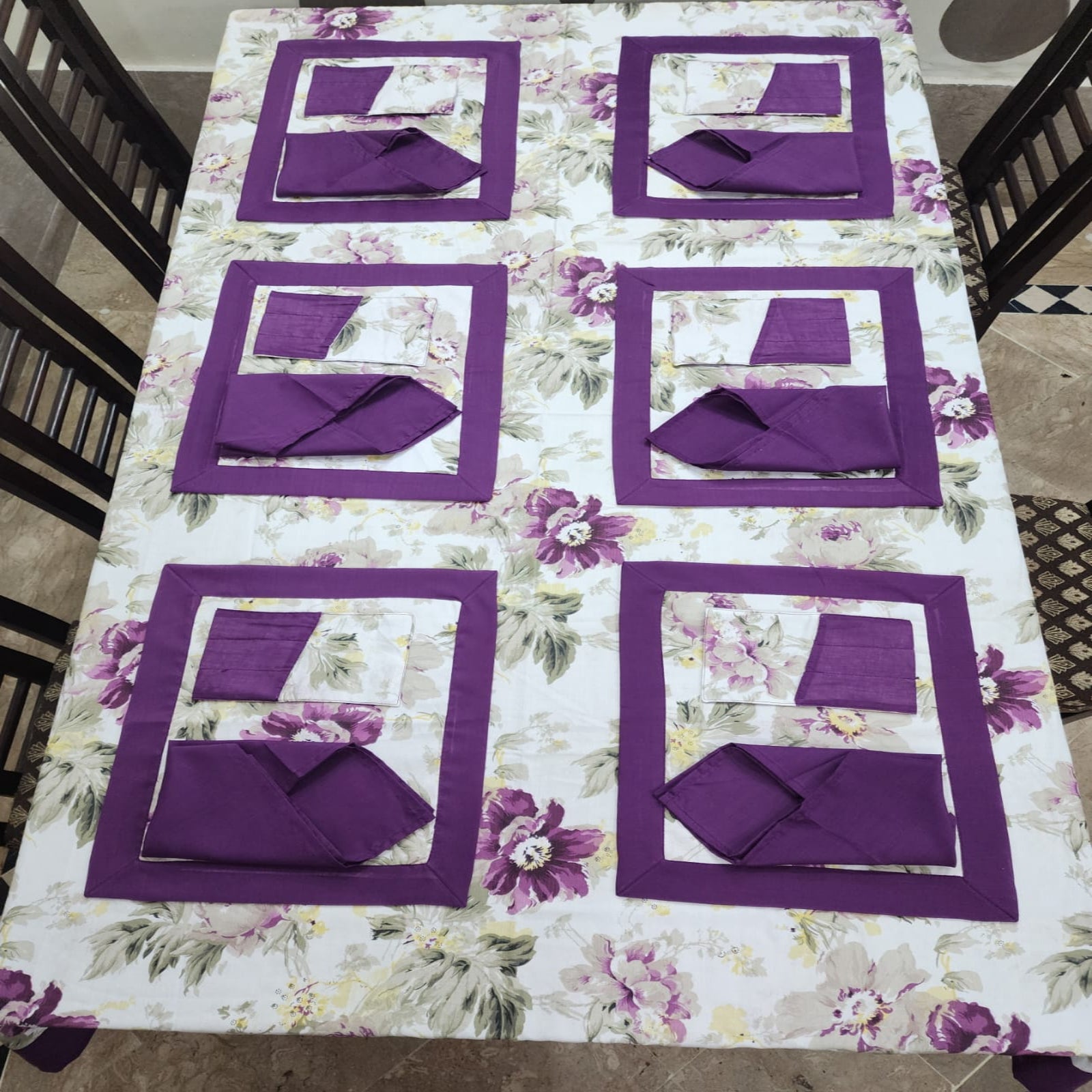 Purple Bordered Printed Cotton Reversable Dinning Set - Brookblad Floeral