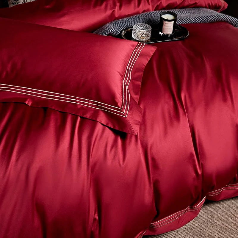 Embroidered Cotton Satin Luxury Baratta Stitch Tetra Line Duvet Set-Red - 99 Bedding Store