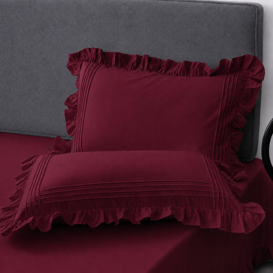 Cotton Fitted Sheet With Frilled Pillow Cover- Burgundy