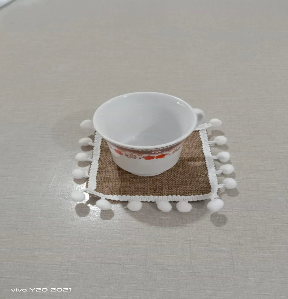 Jute Tolley Mat Set With Cute Pom poms - Brown