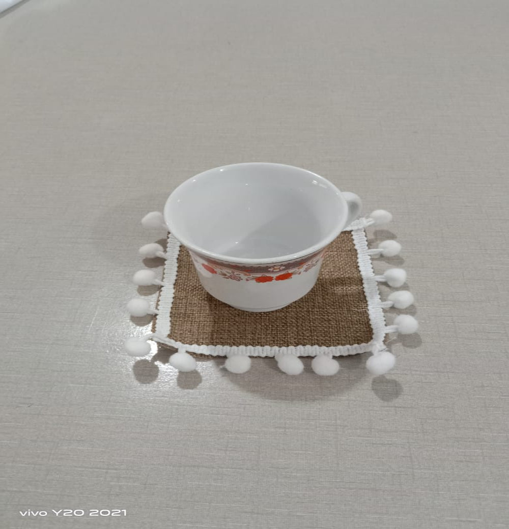 Jute Coasters Set Brown With Cute PomPom