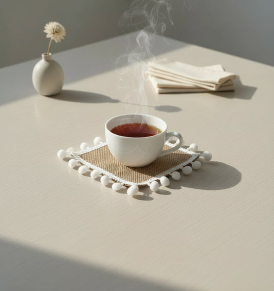 Jute Tolley Mat Set With Cute Pom poms - Brown