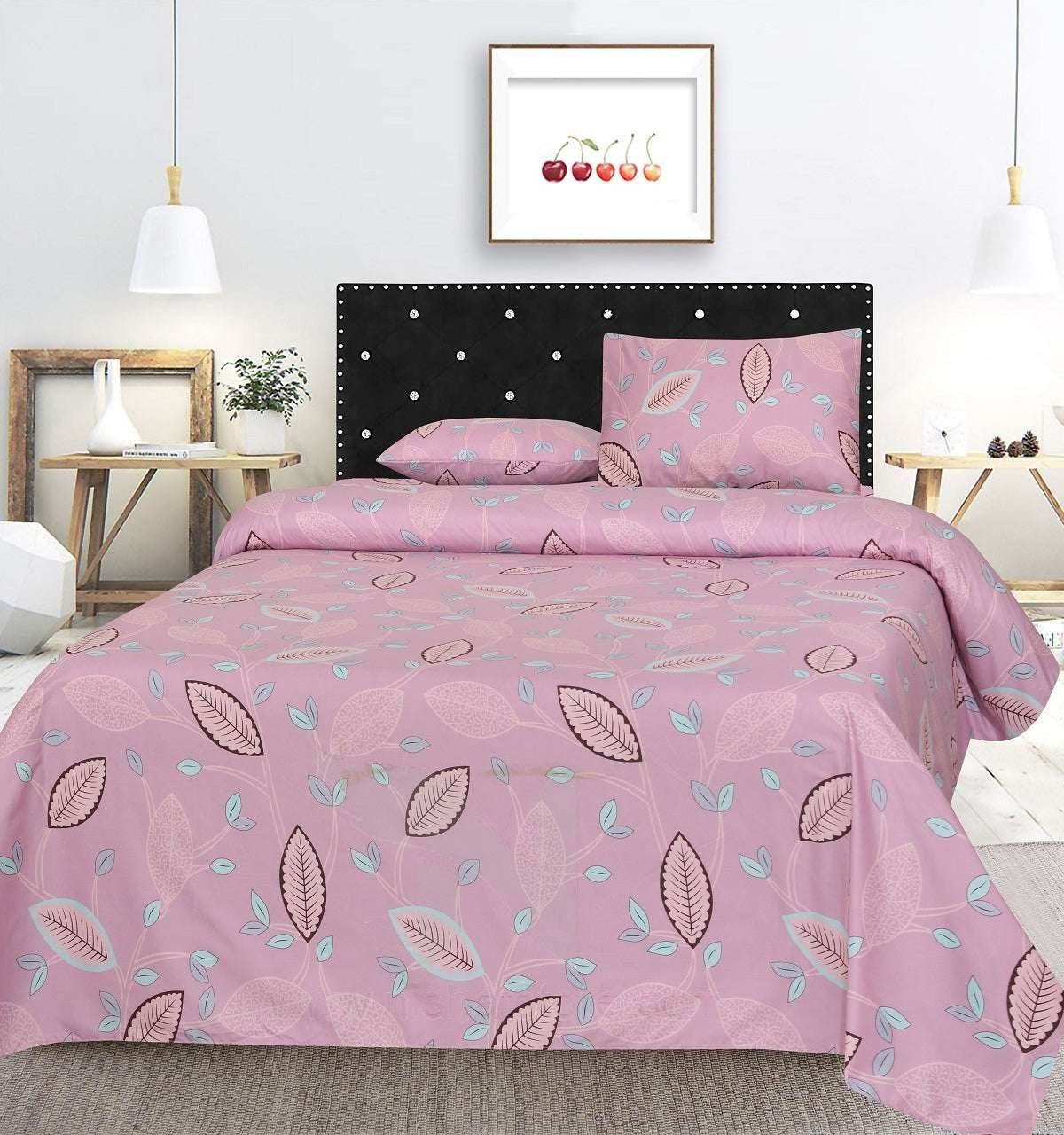 Printed Double Bed sheet Set Pink Leafs