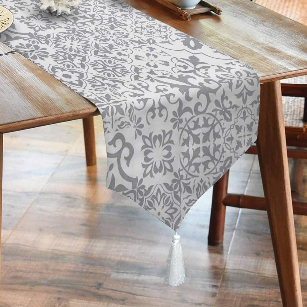 Waterproof Cotton Printed Table Runner With Tesal - GREY MOROCCAN - 99 Bedding Store