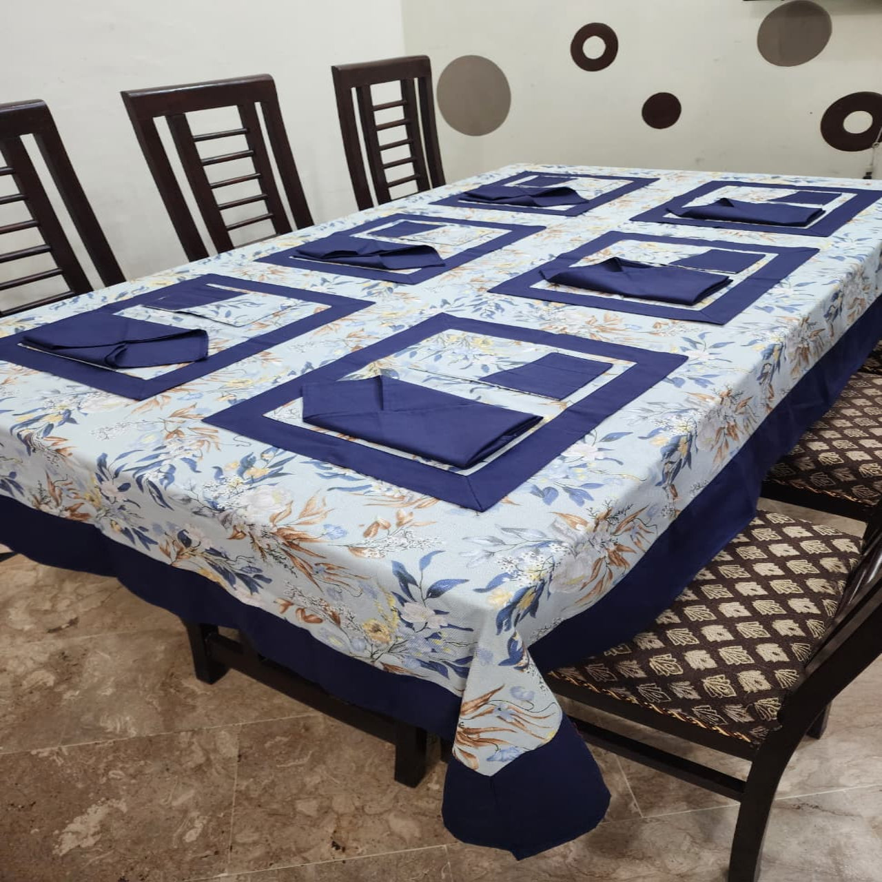 Royal Blue Bordered Printed Cotton Reversable Dinning Set - Summer Fresh