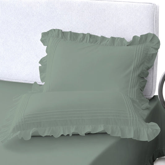 Cotton Fitted Sheet With Frilled Pillow Cover- Sage Green