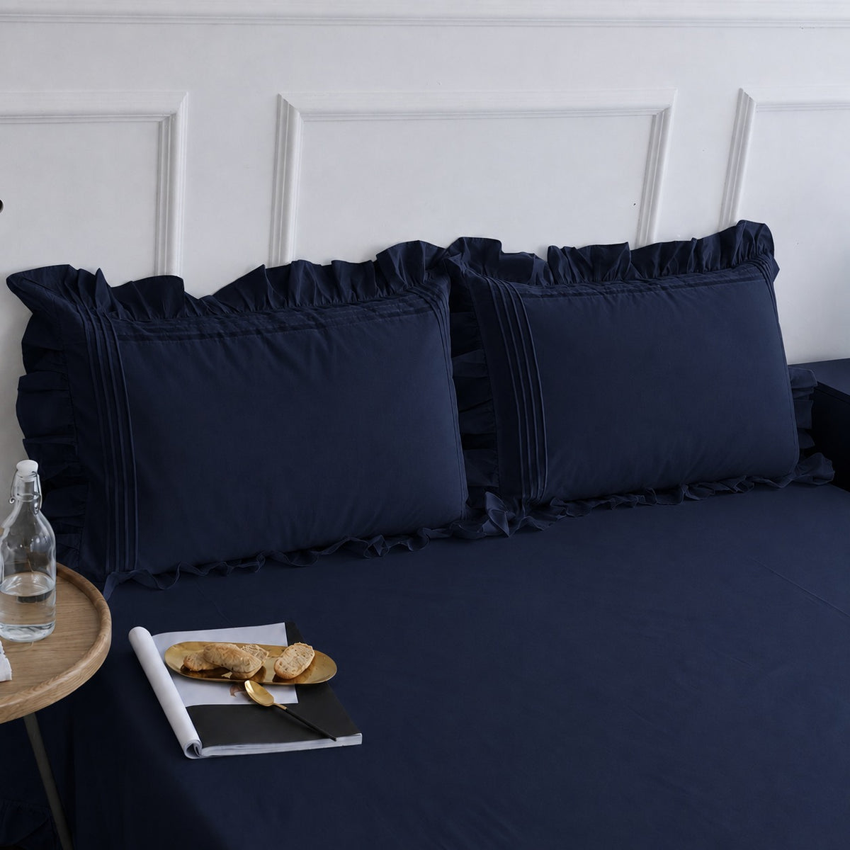 Cotton Fitted Sheet With Frilled Pillow Cover- Navy