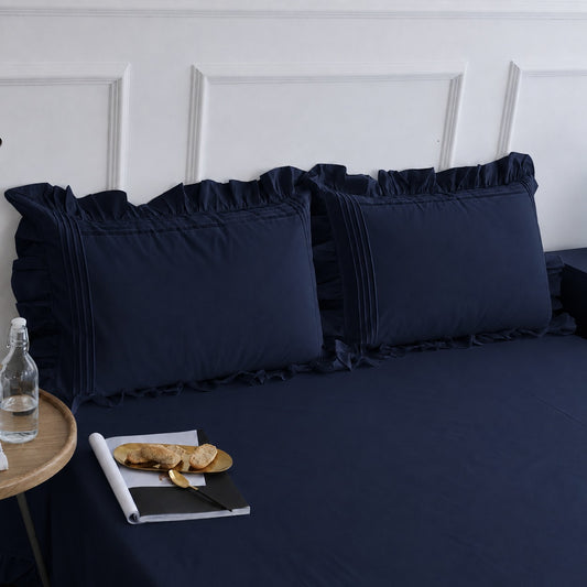 Cotton Fitted Sheet With Frilled Pillow Cover- Navy
