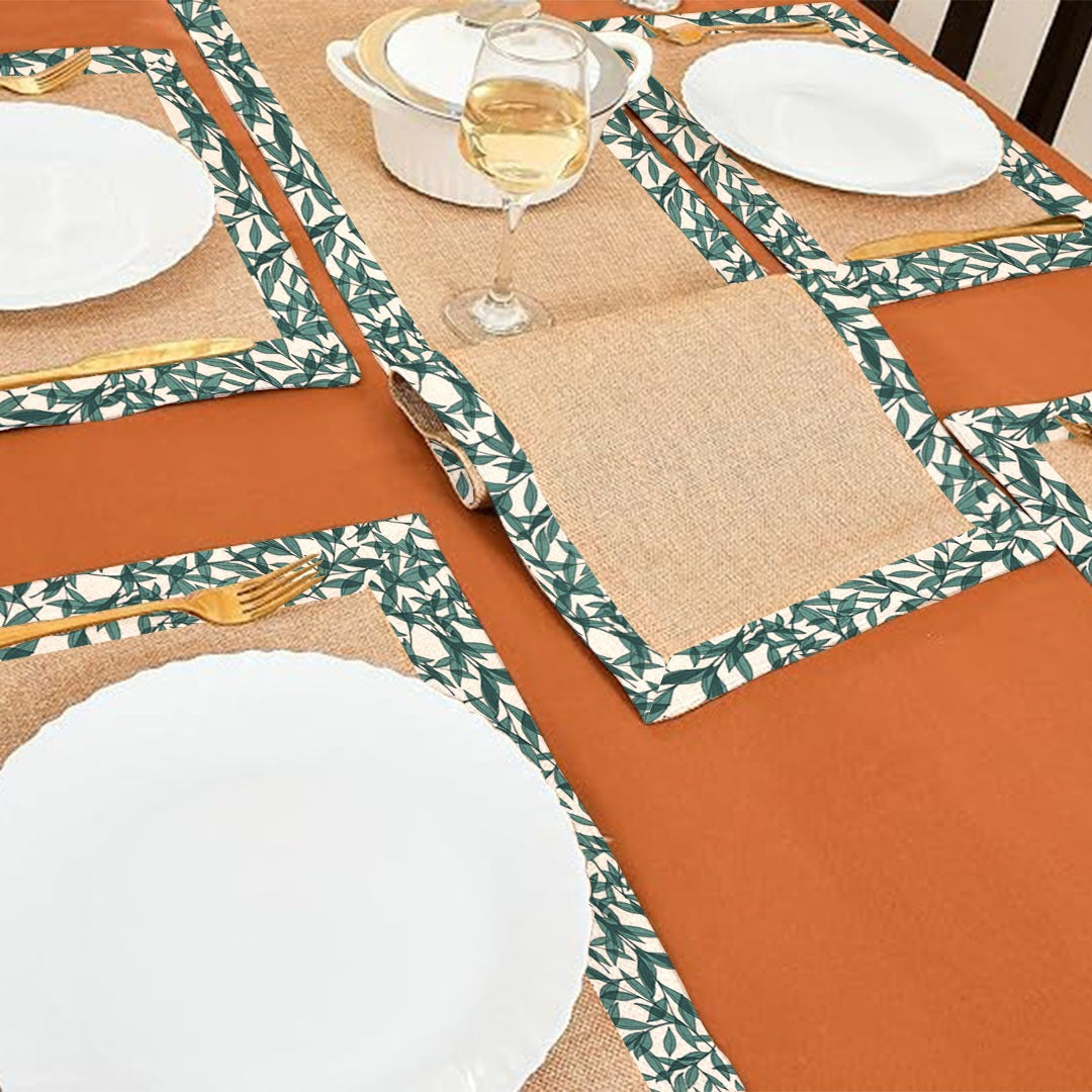 Jute Dinning Set With Border- Green Leafs