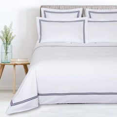 Luxury Cotton Satin Baratta Duvet Cover Set-White with Navy Baratta Stitch - 99 Bedding Store