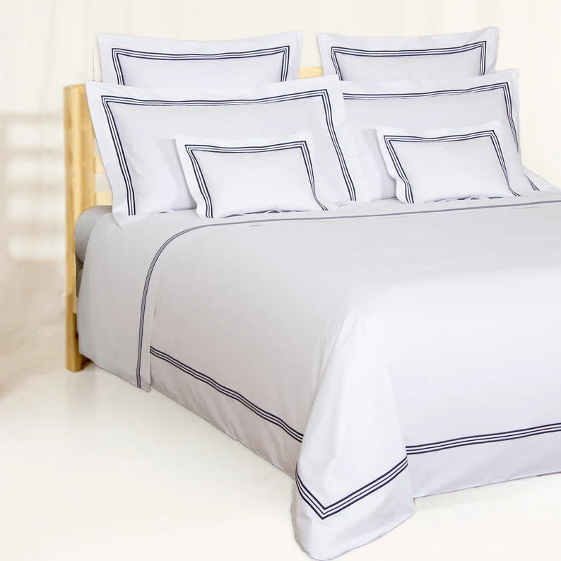 Luxury Cotton Satin Baratta Duvet Cover Set-White with Navy Baratta Stitch - 99 Bedding Store