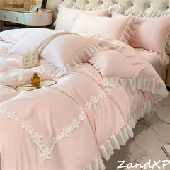 400 TC Cotton Satin Frilled Duvet Set With Lace -