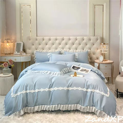 Luxury Cotton Satin Frilled Duvet Set With Lace - Blue - 99 Bedding Store