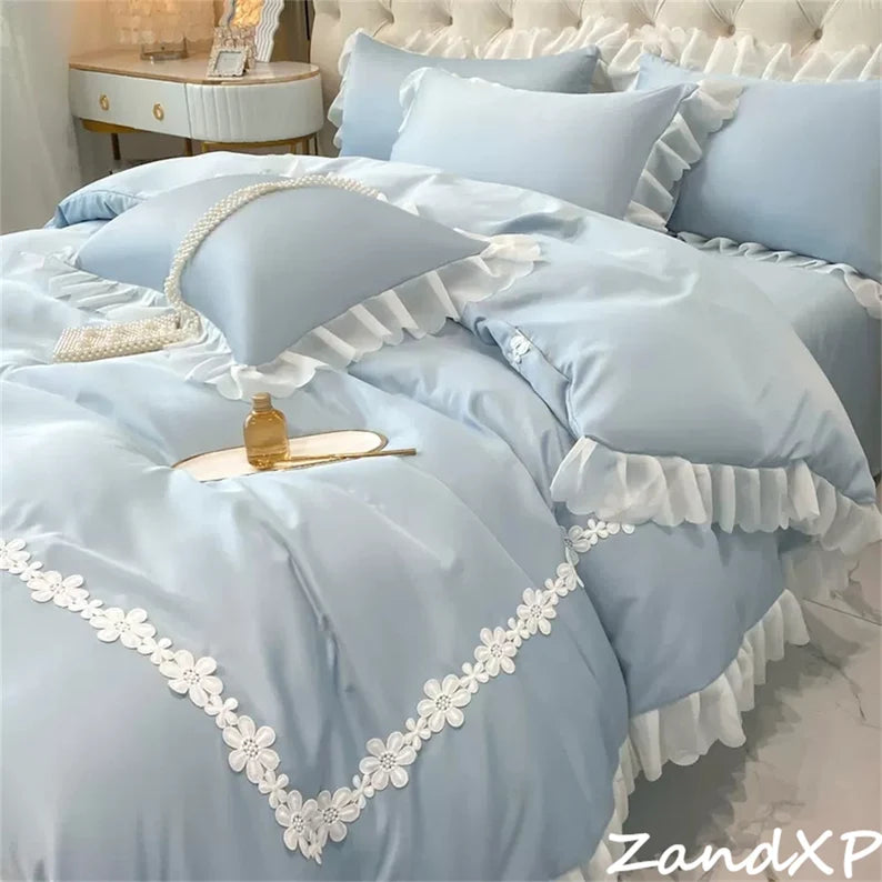 Luxury Cotton Satin Frilled Duvet Set With Lace - Blue - 99 Bedding Store