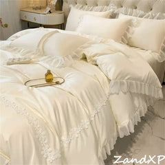 400 TC Cotton Satin Frilled Duvet Set With Lace -