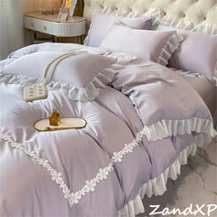 400 TC Cotton Satin Frilled Duvet Set With Lace -