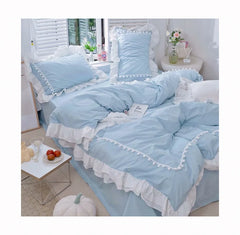 Luxury Cotton Satin Frilled Duvet Set With Lace - Blue - 99 Bedding Store