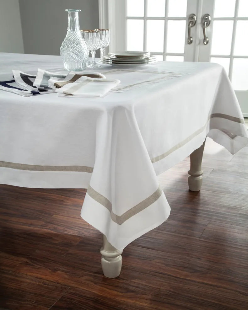 Decorative Cotton Tablecloth - White With Light beige Ribon Work