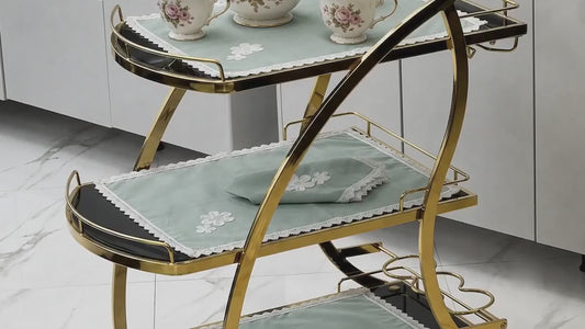 9 PCS TROLLEY MAT AND NAPKIN SET WITH LACE -SEA GREEN