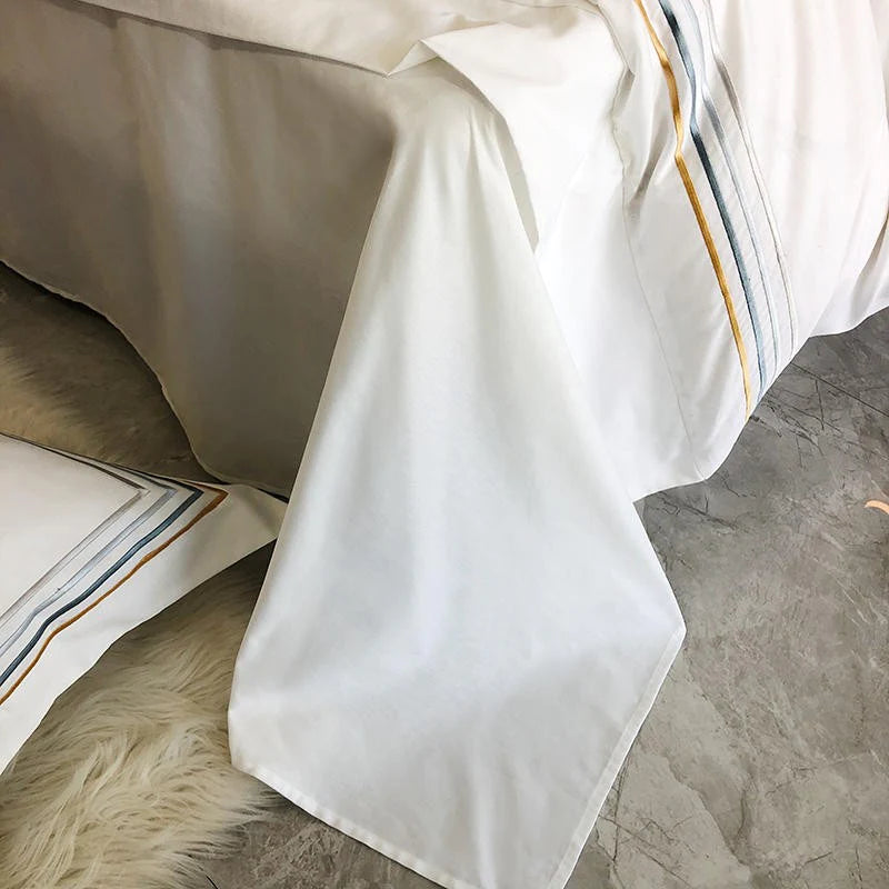 Embroidered Cotton Satin Luxury Baratta Tetra Line Duvet Set-White - 99 Bedding Store