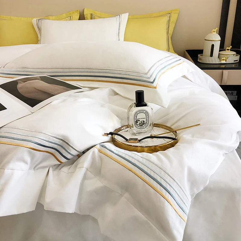 Embroidered Cotton Satin Luxury Baratta Tetra Line Duvet Set-White - 99 Bedding Store