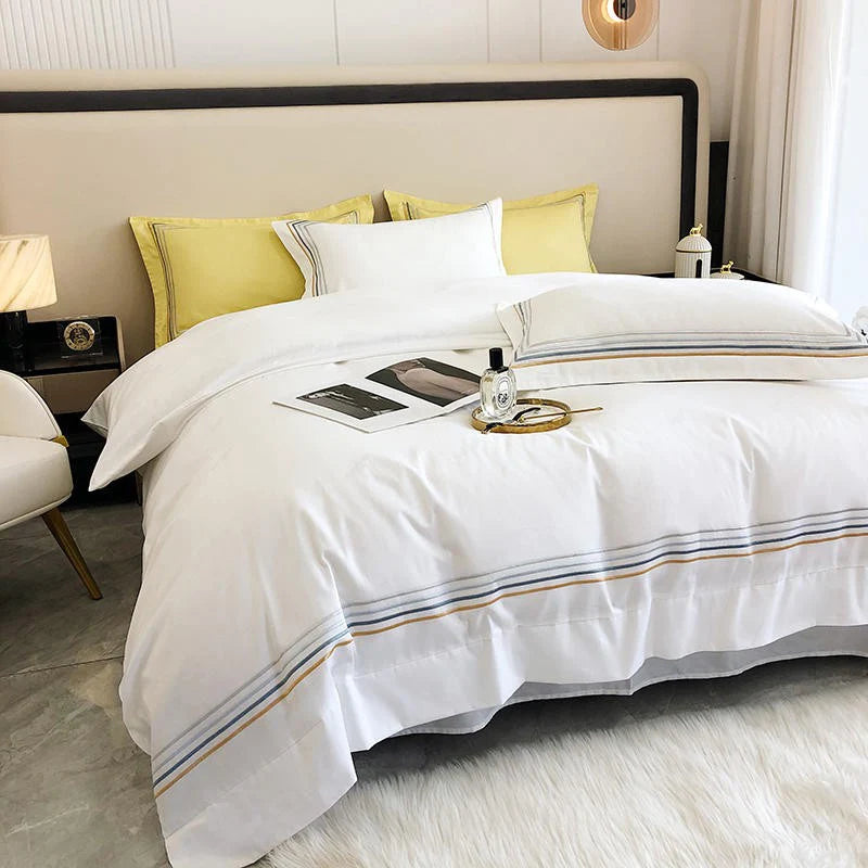 Embroidered Cotton Satin Luxury Baratta Tetra Line Duvet Set-White - 99 Bedding Store