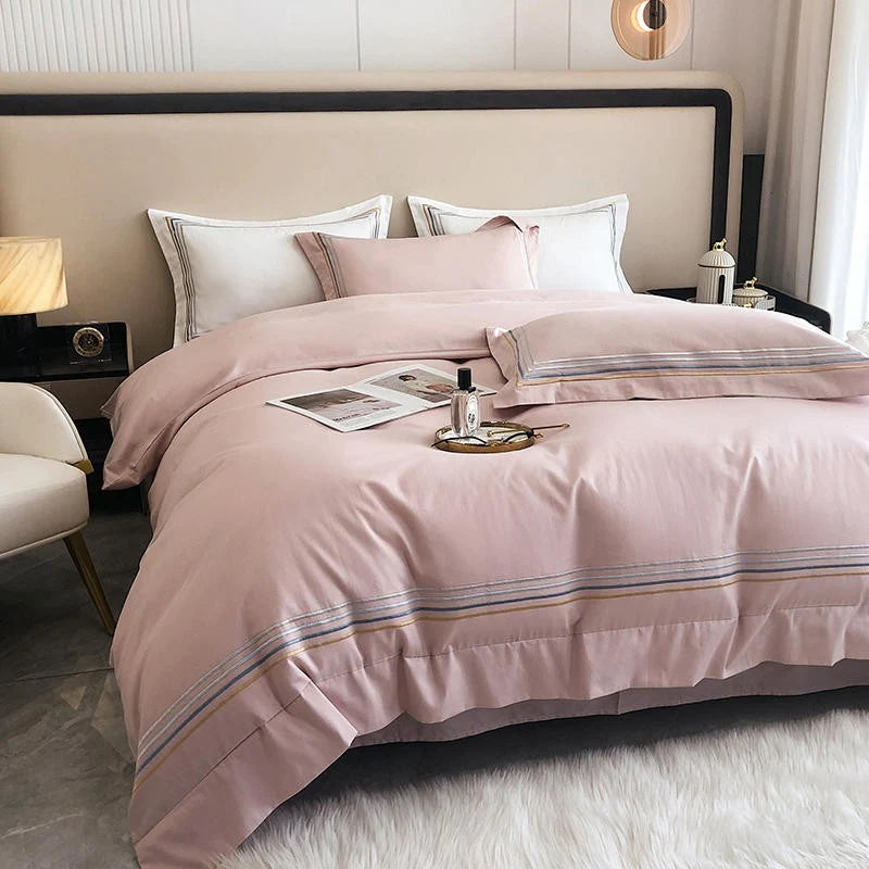 Embroidered Cotton Satin Luxury Baratta Tetra Line Duvet Set-Light Pink - 99 Bedding Store