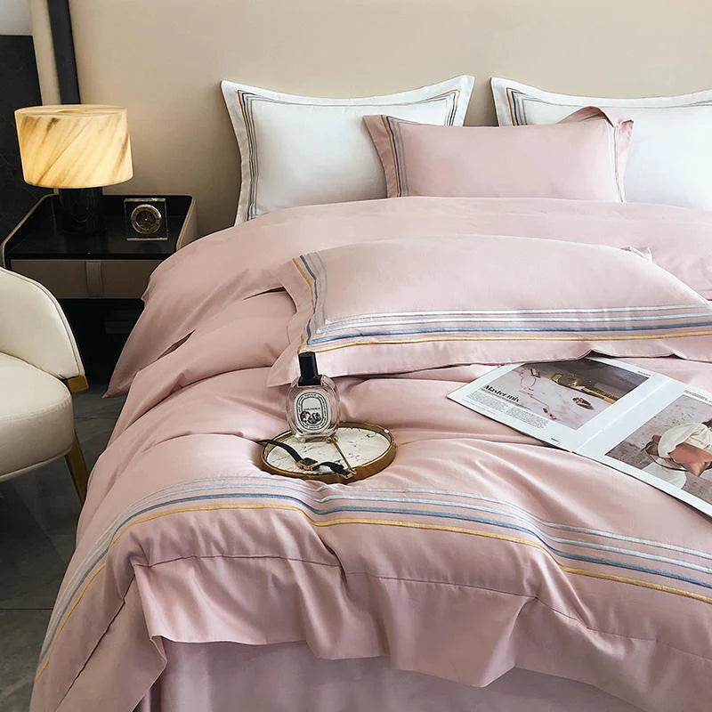 Embroidered Cotton Satin Luxury Baratta Tetra Line Duvet Set-Light Pink - 99 Bedding Store