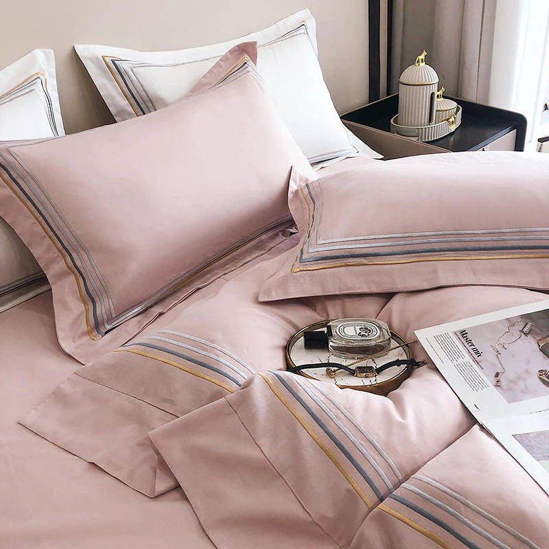 Embroidered Cotton Satin Luxury Baratta Tetra Line Duvet Set-Light Pink - 99 Bedding Store