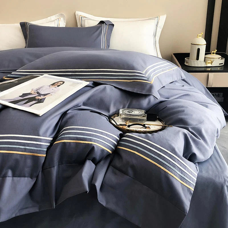 Embroidered Cotton Satin Luxury Baratta Tetra Line Duvet Set-Gery Blue - 99 Bedding Store