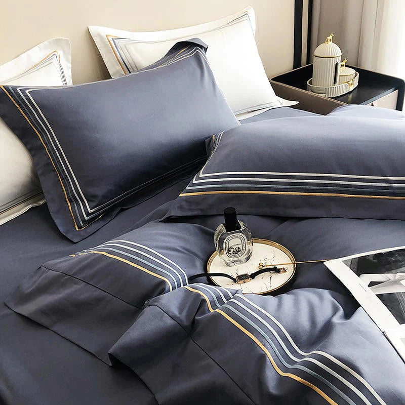 Embroidered Cotton Satin Luxury Baratta Tetra Line Duvet Set-Gery Blue - 99 Bedding Store