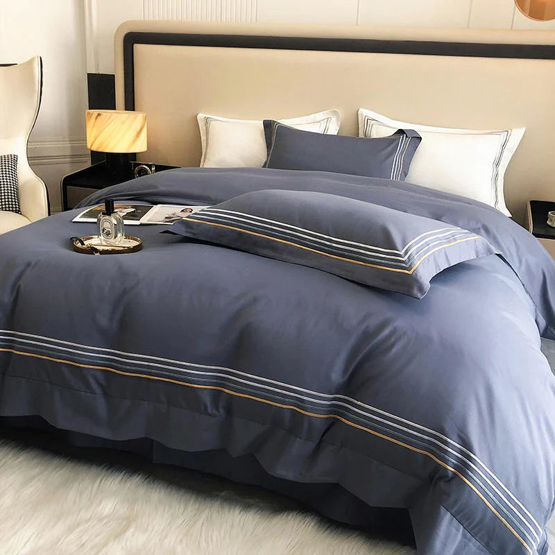 Embroidered Cotton Satin Luxury Baratta Tetra Line Duvet Set-Gery Blue - 99 Bedding Store