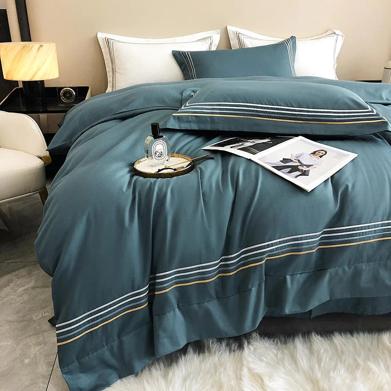 Embroidered Cotton Satin Luxury Baratta Tetra Line Duvet Set-Granite - 99 Bedding Store