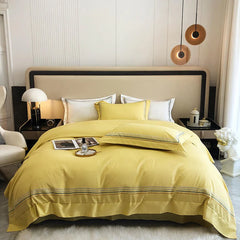 Embroidered Cotton Satin Luxury Baratta Tetra Line Duvet Set-Yellow - 99 Bedding Store