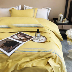 Embroidered Cotton Satin Luxury Baratta Tetra Line Duvet Set-Yellow - 99 Bedding Store