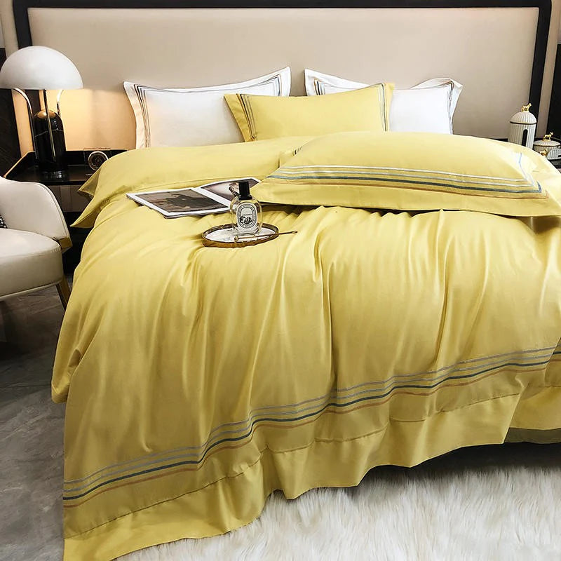 Embroidered Cotton Satin Luxury Baratta Tetra Line Duvet Set-Yellow - 99 Bedding Store