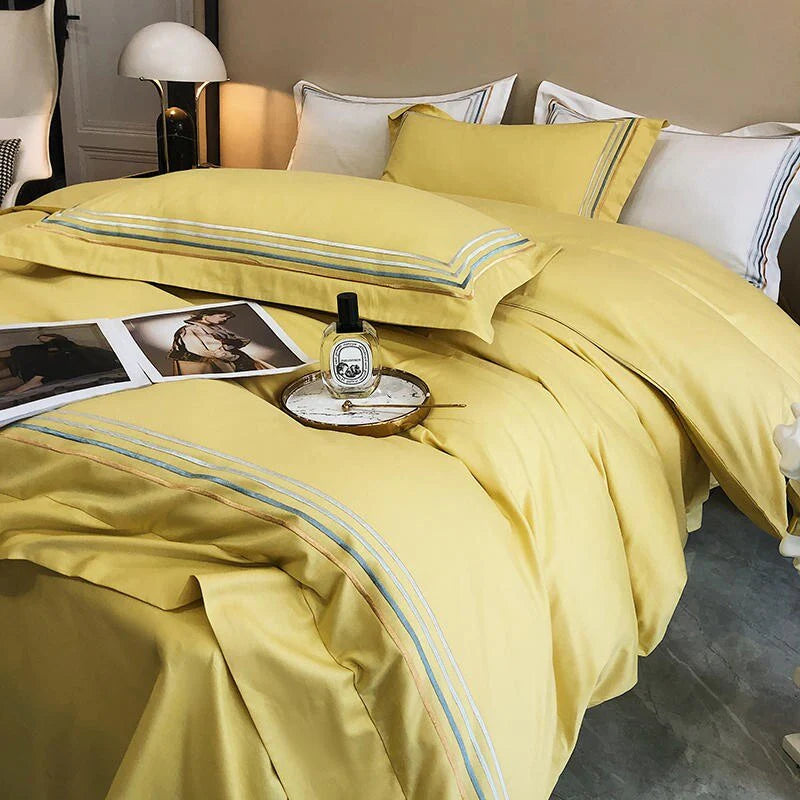 Embroidered Cotton Satin Luxury Baratta Tetra Line Duvet Set-Yellow - 99 Bedding Store