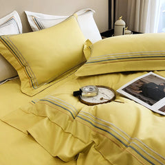 Embroidered Cotton Satin Luxury Baratta Tetra Line Duvet Set-Yellow - 99 Bedding Store