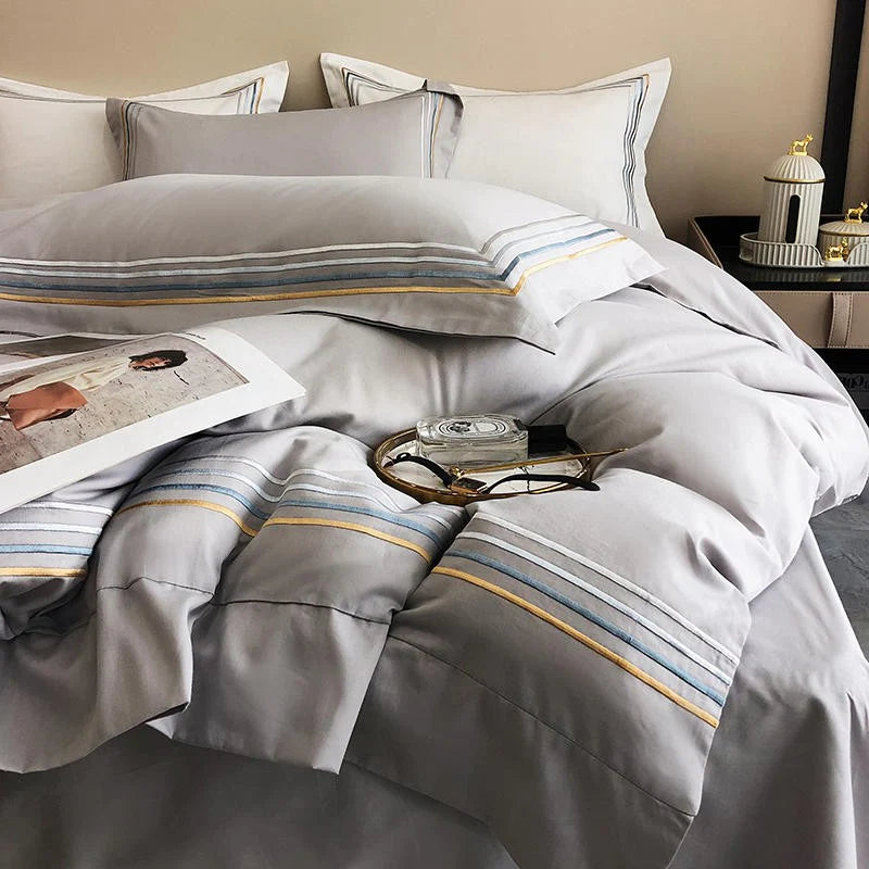 Embroidered Cotton Satin Luxury Baratta Tetra Line Duvet Set-Light Grey - 99 Bedding Store