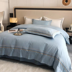 Embroidered Cotton Satin Luxury Baratta Tetra Line Duvet Set-Sky Blue - 99 Bedding Store