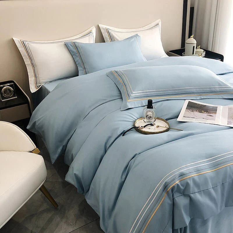 Embroidered Cotton Satin Luxury Baratta Tetra Line Duvet Set-Sky Blue - 99 Bedding Store