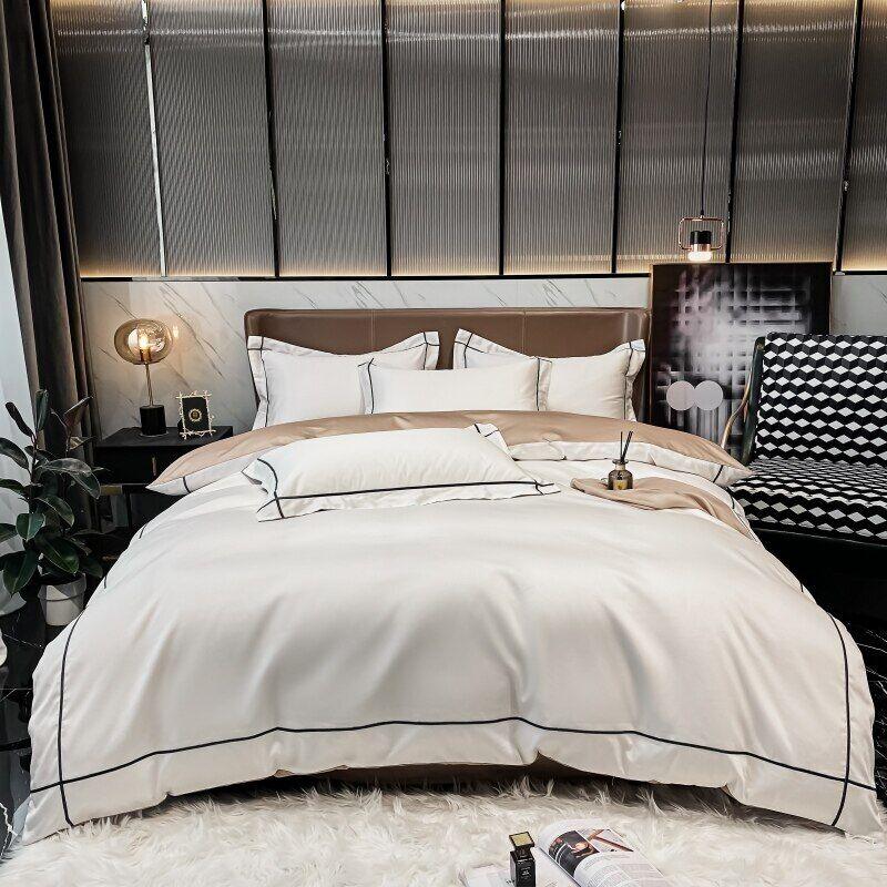 Luxury Cotton Satin Baratta Duvet Cover Set-White with Black Baratta Stitch - 99 Bedding Store