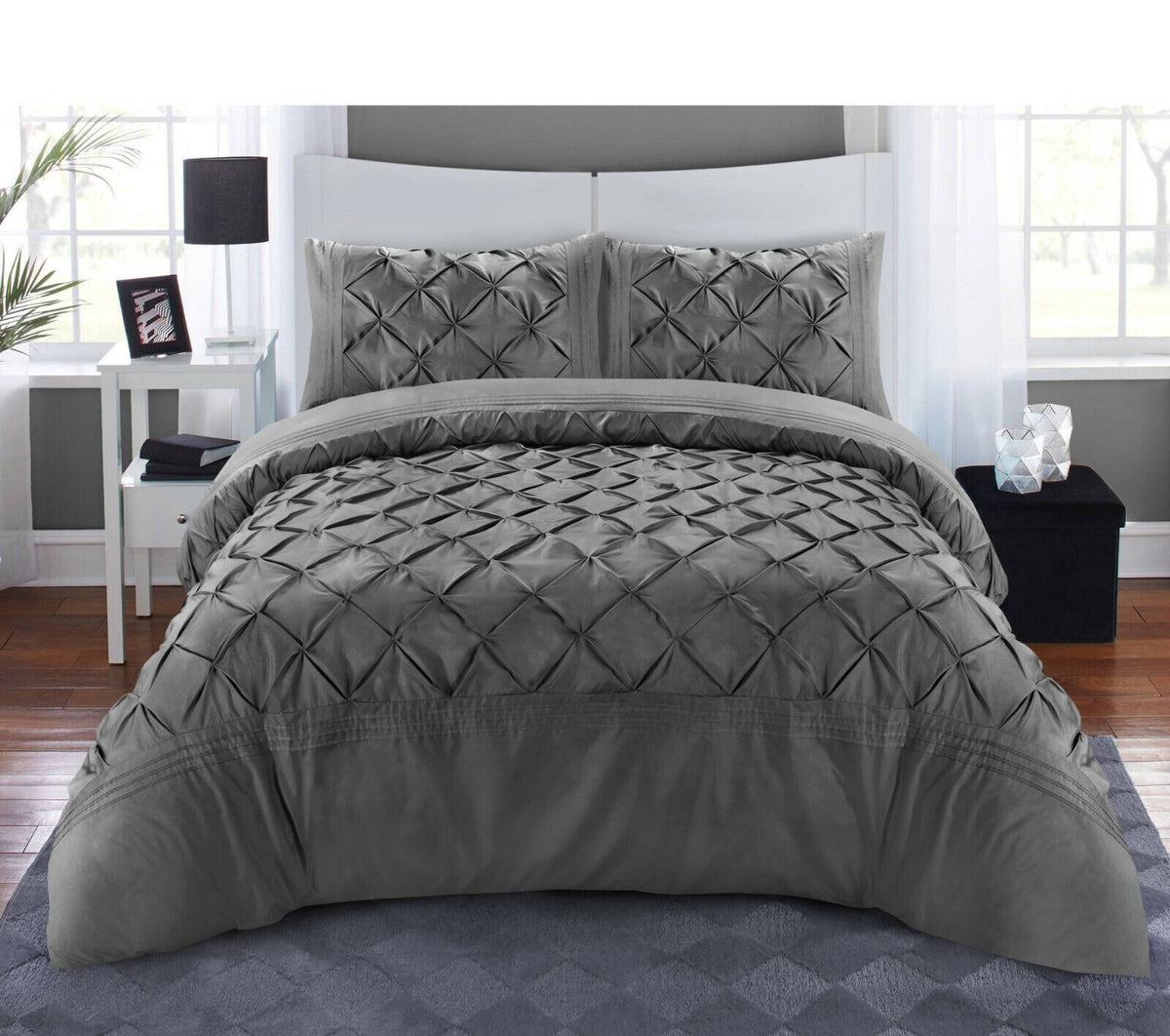 Luxury Satin Pintuck Duvet Cover Set - Grey - 99 Bedding Store