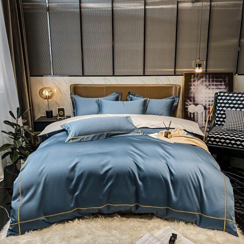 Luxury Cotton Satin Baratta Duvet Cover Set-medium Blue with Golden Baratta Stitch - 99 Bedding Store