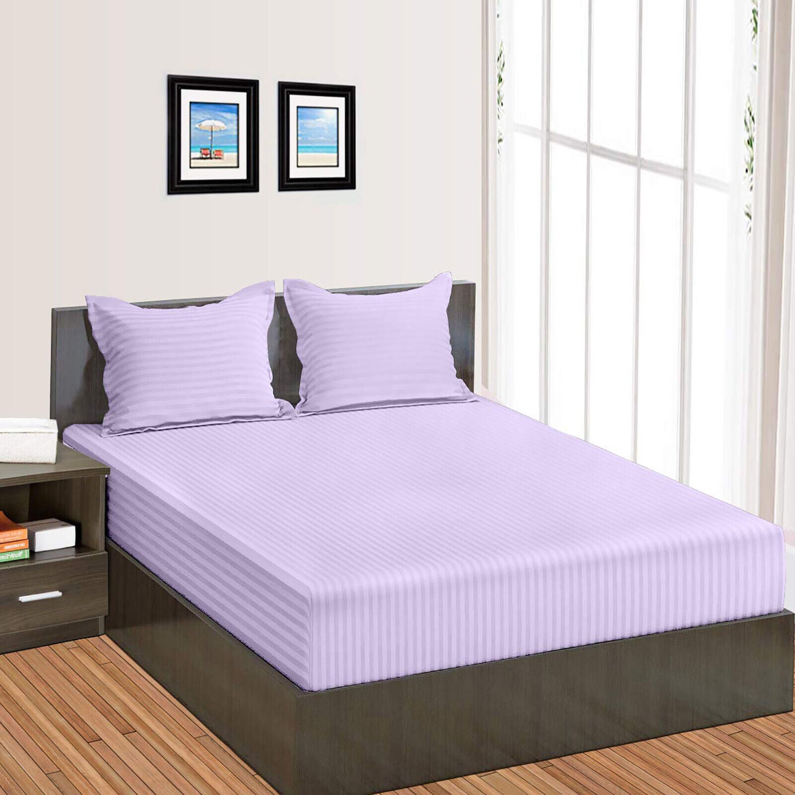 Luxury Egyptian Cotton Satin Strip Fitted Sheet Set - Lilac - 99 Bedding Store