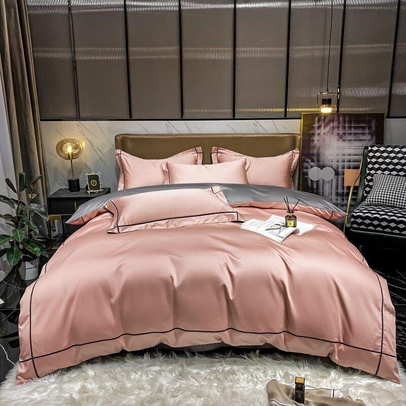 Luxury Cotton Satin Baratta Duvet Cover Set-Pink with Black Baratta Stitch - 99 Bedding Store